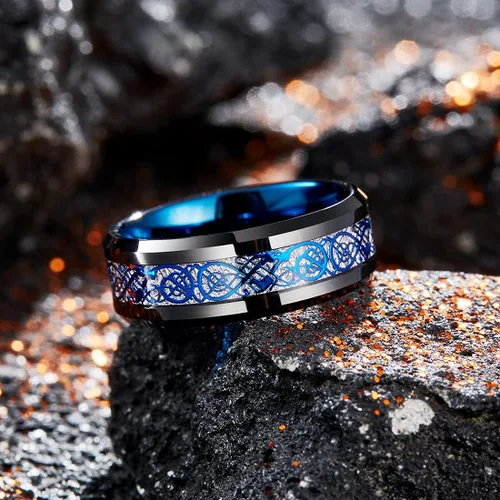 Miniatura 3 de King Will DRAGON - Anillo de carburo de tungsteno para hombre, 0.315in, plateado, azul, negro, anillo de boda con acabado pulido, Tungsteno, Sin