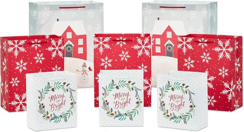 Hallmark - Surtido de bolsas de regalo para Navidad rústicas (8 bolsas: 3 pequeñas de 6 pulgadas, 3 medianas de 9 pulgadas, 2 grandes de 13 Blanco