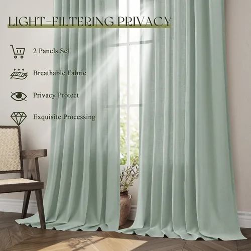 Miniatura 4 de Cortinas de Lino Verde Aguamarina con Trabillas Traseras de 84 Pulgadas de Largo para Sala de Estar, 2 Paneles con Bolsillo, Cortina Filtrante