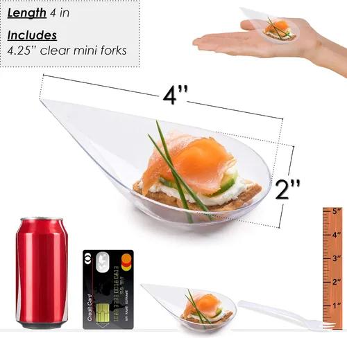 Miniatura 3 de DLux 100 mini platos de aperitivo en forma de lágrima de 4 pulgadas con tenedores, cucharas de plástico transparente reutilizables - platos