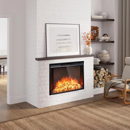 Miniatura 2 de Tangkula Chimenea eléctrica empotrada, chimenea de 26 pulgadas con brillo de llama ajustable, pantalla LED y control remoto con temporizador