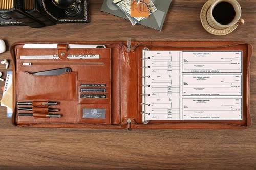 Miniatura 8 de Cuaderno de cheques personalizado de cuero para negocios, carpeta de 7 anillos grabada con soporte para libro de cheques para 3 por página, Marrón