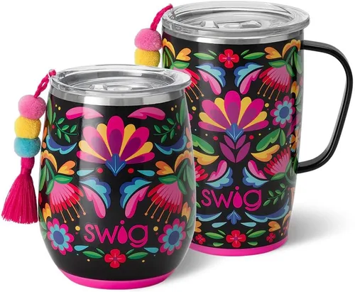 Swig Life Caliente AM+PM - Juego de taza de viaje de 18 onzas con asa y tapa + vaso de vino aislado de 14 onzas con tapa, acero inoxidable, apto