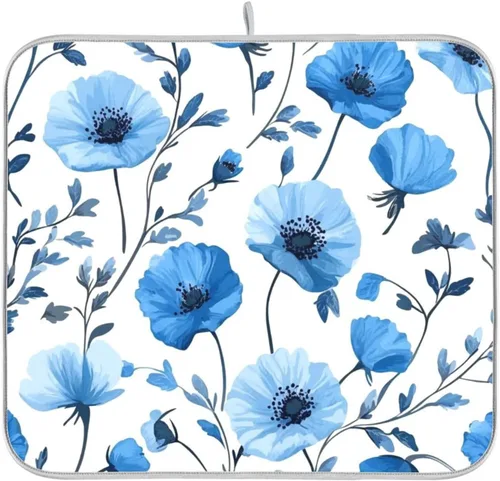 Miniatura 64 de Tapete de secado de platos de primavera naranja con flor de amapola para encimera de cocina, tapete escurridor absorbente de microfibra, tapete