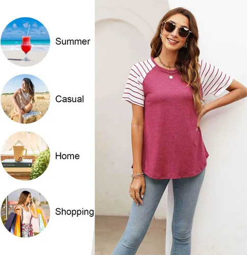 Miniatura 3 de Camisetas de verano de manga corta raglán a rayas para mujer