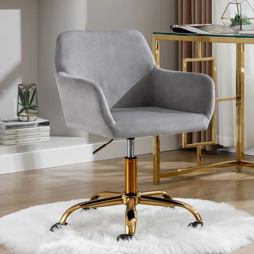 Miniatura 2 de Silla de Escritorio Giratoria de Piel Sintética de 360°, Moderno Sillón de Oficina en Casa Ajustable en Altura con Base Dorada para Adolescentes