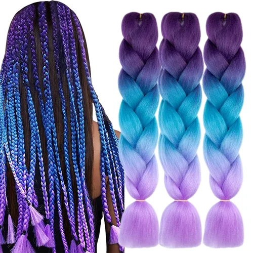 Miniatura 42 de 3 paquetes de extensiones de cabello sintético para trenzar de color negro a azul, tamaño jumbo ombré, de 24 pulgadas o trenzas de ganchillo