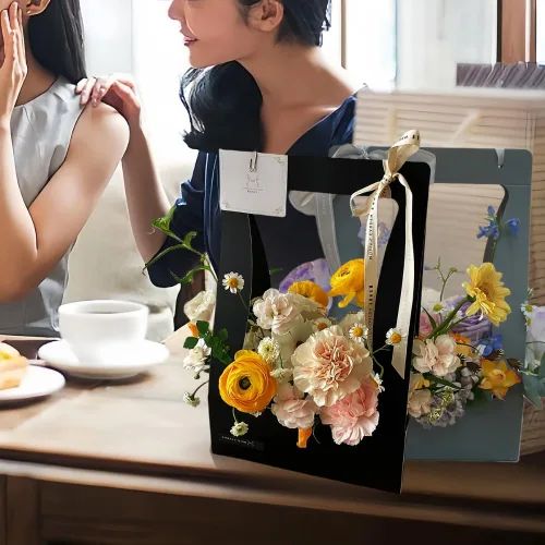Miniatura 7 de BBJ WRAPS Bolsas de regalo de papel artesanal para ramo de flores, ramo de floristería, bolsa de embalaje con asa, 5 unidades (negro)