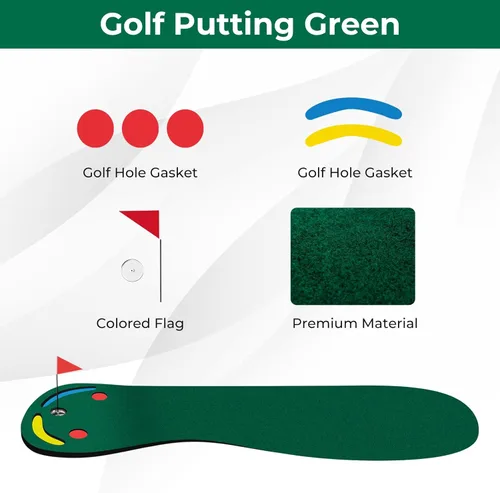 Miniatura 4 de Tangkula Alfombra de golf verde de 10 pies x 3 pies, tapete de golf para práctica en interiores y exteriores con 1 bandera, 3 tazas de putting