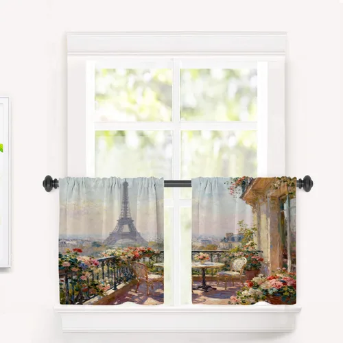 Miniatura 81 de Cortinas opacas de cocina con pintura al óleo de Europa rosa y negra para ventanas, cenefas opacas modernas de torre Eiffel de poliéster multicapa
