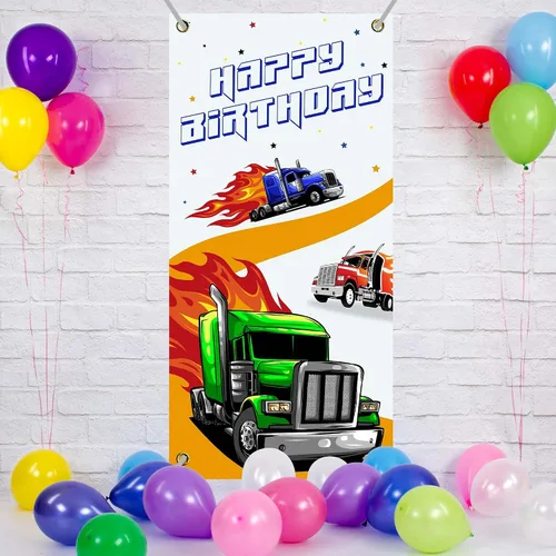 Miniatura 4 de Cartel de feliz cumpleaños de camiones resistentes, telón de fondo para cabina de fotos de camión grande, decoración de puerta delantera, decoración
