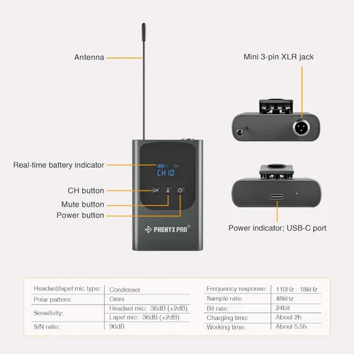 Miniatura 8 de Phenyx Pro Sistema de micrófono inalámbrico digital dual PDP-2-2B Bunble con micrófono inalámbrico portátil PWB-P-900 y PWH-P-900
