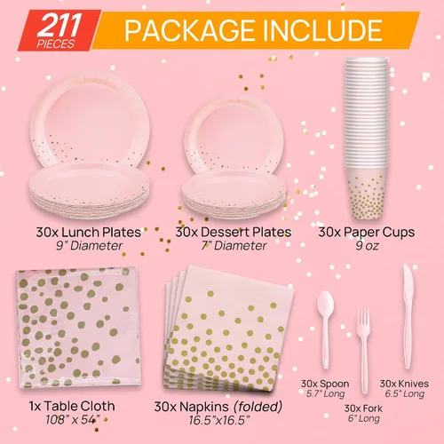 Miniatura 2 de 211 servilletas de oro rosa, suministros de fiesta para 30 invitados, platos desechables de papel, postres, servilletas, vasos, cubiertos y mantel