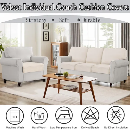 Miniatura 5 de NAISI Fundas de cojín de sofá de terciopelo elásticas de 1 pieza, fundas de asiento de sofá o respaldo, fundas suaves individuales para sofá Beige