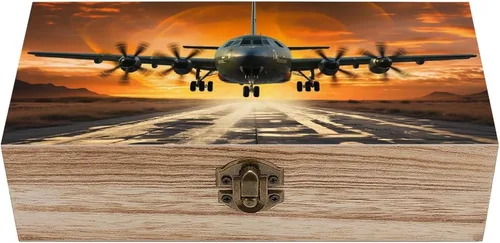 Caja de almacenamiento de madera, joyero de madera vintage con tapa con bisagras, aterrizaje de avión militar en pistas de la fuerza aérea contra
