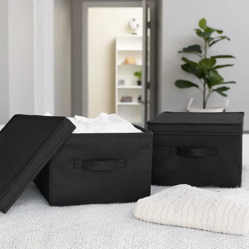 Miniatura 2 de Household Essentials Caja de almacenamiento grande de tela con tapa, color negro, juego de 2
