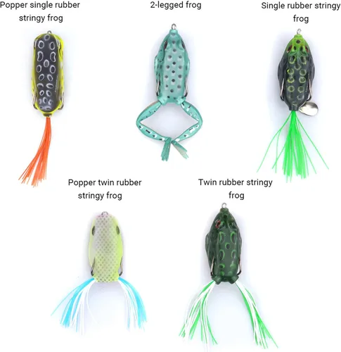 Miniatura 8 de RUNCL Topwater - Señuelos de rana – 5 piezas de cebos de silicona duraderos y realistas para agua dulce y salada, señuelos flotantes realistas