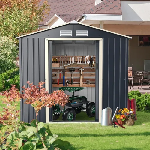 Miniatura 6 de Giantex Cobertizo de almacenamiento para exteriores con doble puerta corrediza, almacenamiento de jardín de metal galvanizado, ventilación delantera
