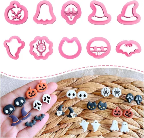 KEOKER Cortadores de arcilla polimérica de Halloween, 10 formas para joyas, aretes, calabaza, tachuelas incluidas Cortadores de arcilla con tachuelas