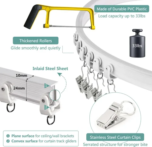 Miniatura 5 de Divisor de habitación de riel de cortina, sistema de riel flexible flexible de montaje en techo y pared con clips, pista de cortina deslizante