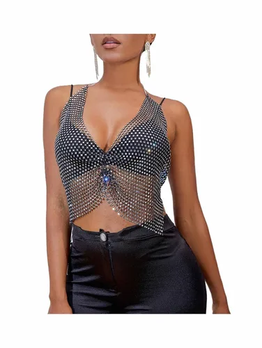 deladola Cadena de cuerpo de malla con diamantes de imitación, bikini de cristal negro brillante, cuello en V, brasier sin mangas, top corto sexy,