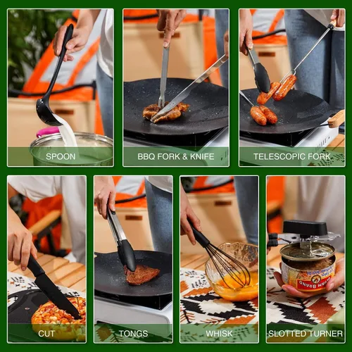 Miniatura 4 de Juego de utensilios de cocina esenciales para acampar - Kit de cocina portátil para campamento al aire libre, accesorios de acero inoxidable y Marrón