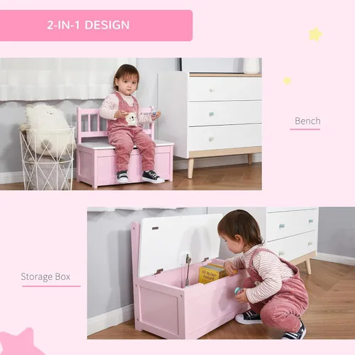 Miniatura 6 de Qaba Caja de juguetes, banco de almacenamiento para niños con interior grande de 27 L, organizador de juguetes con tapa superior y respaldo, muebles