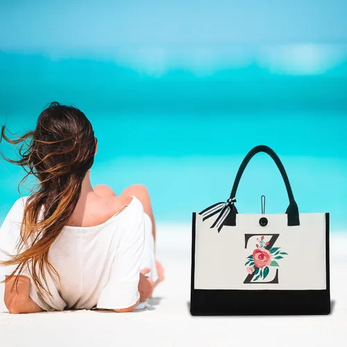 Miniatura 102 de Bolsa de lona con inicial, regalos de cumpleaños personalizados para mujeres, madres, amigas y profesoras, bolsas de mano con monograma adecuadas