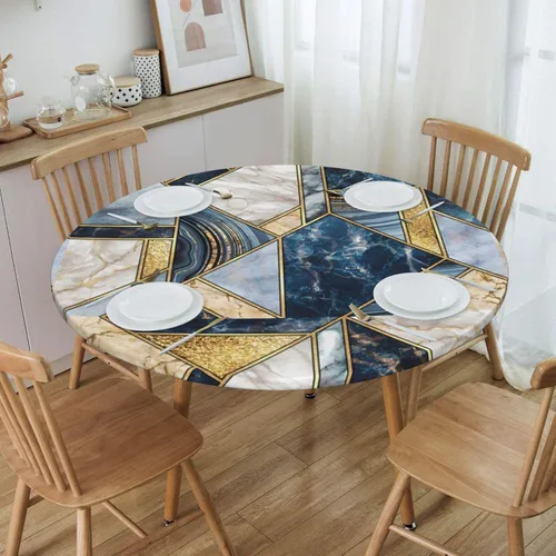 Miniatura 8 de Mantel redondo geométrico azul y blanco con bordes elásticos para mesas de hasta 45 a 50 pulgadas de diámetro