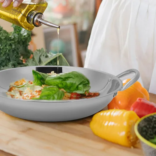 Miniatura 6 de Kichvoe Sartén de acero inoxidable Wok de fondo plano para freír hogar con asas antiadherente para servir alimentos de mariscos 7.9 in olla