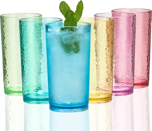 Miniatura 7 de KX-WARE Vasos acrílicos de plástico de 20 onzas, juego de 6 unidades, transparentes, estilo martillado, apto para lavavajillas, sin BPA Transparente