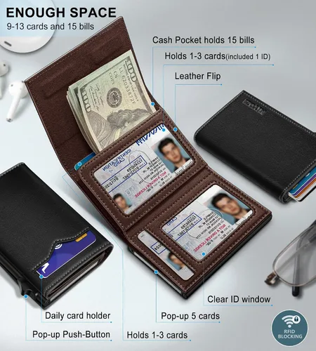 Miniatura 2 de Cartera miyozi para hombre, con bolsillo para efectivo, 2 ventanas para identificación, 9-13 ranuras para tarjetas, estuche metálico, elegante