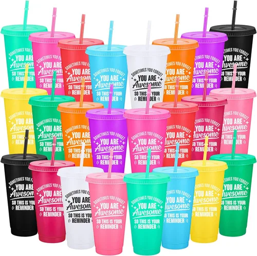 Inbagi Paquete de 24 vasos de plástico de 24 onzas con tapas y pajita, regalo de la semana de la CNA, con texto en inglés "Thank You Are Awome",