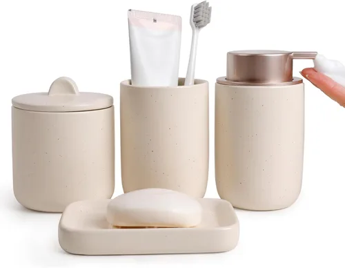Miniatura 13 de BosilunLife Juego de accesorios de baño, juego de cerámica para decoración de baño, dispensador de jabón de espuma y soporte para cepillos