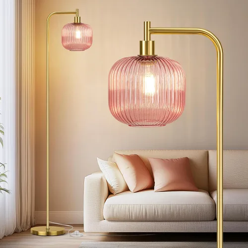 Miniatura 11 de QiMH Lámpara de pie de cristal para sala de estar, lámpara de pie moderna con pantalla de vidrio acanalado e interruptor de pedal, lámpara de 67