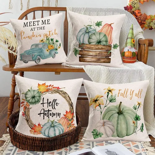 Miniatura 3 de Fukeen Juego de 4 fundas de almohada decorativas de calabaza para el hogar, 16 x 16 pulgadas, juego de 4 flores de hoja de arce con camión azul