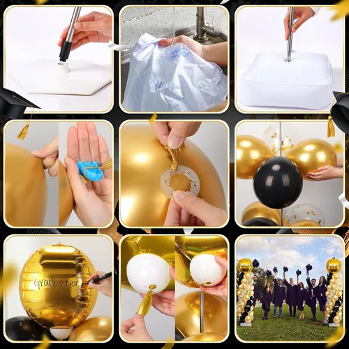 Miniatura 5 de Juego de 2 soportes de columna de globos de graduación dorados y negros para la clase de 2026, torre de arco de globos de suelo ajustable con globos