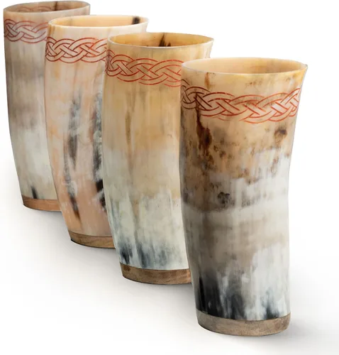 Norse Tradesman Juego de Copas de Cuerno para Beber (4) – Copas de Tamaño Completo de 12 oz con Grabados de Nudos Celtas y Saco de Regalo de