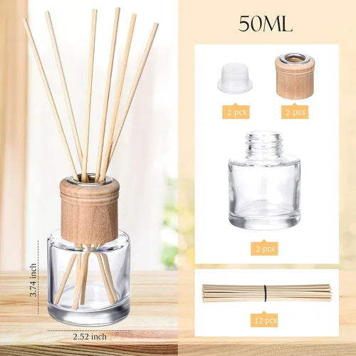Miniatura 5 de Roshtia Juego de 2 botellas difusoras de varillas vacías recargables con fragancias de vidrio con tapas de madera, varillas de 1.7 onzas, tarros