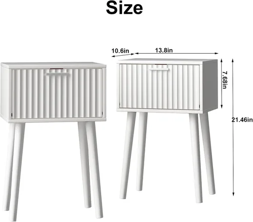 Miniatura 3 de LAATOOREE Juego de 2 mesitas de noche, mesa auxiliar pequeña, mesita de noche con puerta acanalada, pies de madera maciza; mesa auxiliar moderna