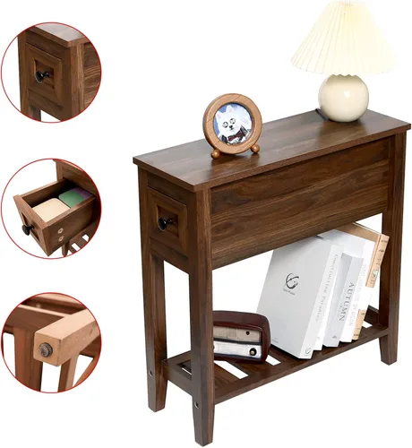 Miniatura 6 de Paquete de 2 Mesas Auxiliares Estrechas de Cabecera con Cajón, Mesa Auxiliar Sólida para Sillón Reclinable con Estante de Almacenamiento, Mesita