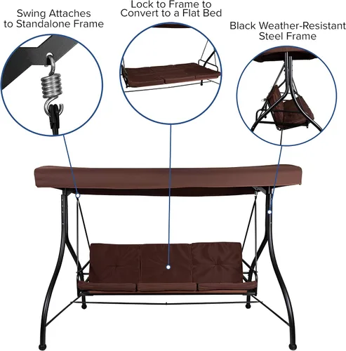 Miniatura 4 de BizChair Hamaca de toldo de columpio de patio de conversión de acero al aire libre de 3 asientos con cojines/cama de columpio al aire libre (marrón)