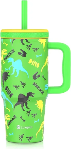 Miniatura 11 de Taza para niños de 24 onzas con asa, tapa de rosca a prueba de fugas con pajita de silicona extraíble, a prueba de derrames, botella aislada