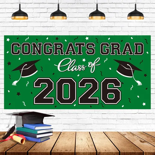 Miniatura 12 de Telón de fondo de plástico para fiesta de graduación 2026, 65 x 32.7 pulgadas, pancarta de felicitaciones graduadas en negro, decoraciones de clase