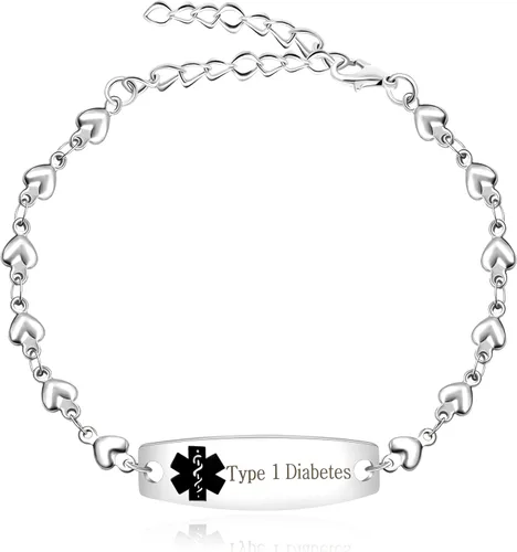 Miniatura 15 de Pulsera de símbolo médico de plata grabada con láser, alerta de salud grabada en forma de corazón, adecuada para primeros auxilios de emergencia