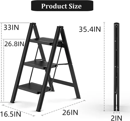 Miniatura 5 de Escalera de 3 escalones, taburete plegable con pedal antideslizante ancho, capacidad de carga de 330 libras, ligero y portátil para ahorrar espacio