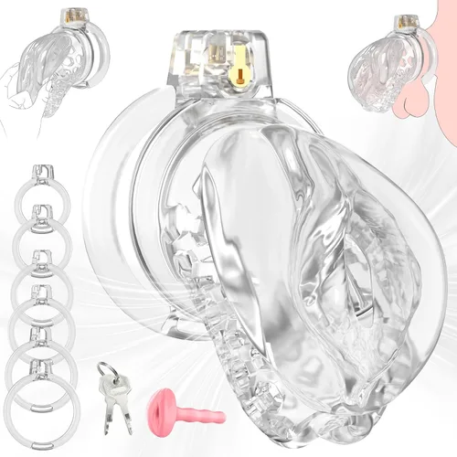 Miniatura 8 de Jaula de Castidad Masculina – Jaula de pene suave y ligera con vagina realista y clítoris y anillos de 6 tamaños, cómodo dispositivo de castidad