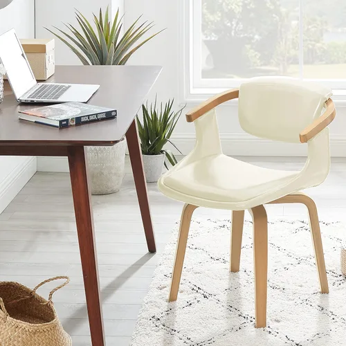 Art Leon Silla de escritorio sin ruedas, silla giratoria moderna de mediados de siglo, silla de escritorio de piel sintética para espacios pequeños,
