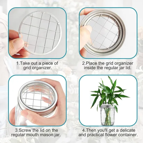 Miniatura 3 de Paquete de 10 tarros Mason con tapa de rana de flores Mason Grid Organizador de flores para el día de San Valentín, hogar, cocina, oficina, boca