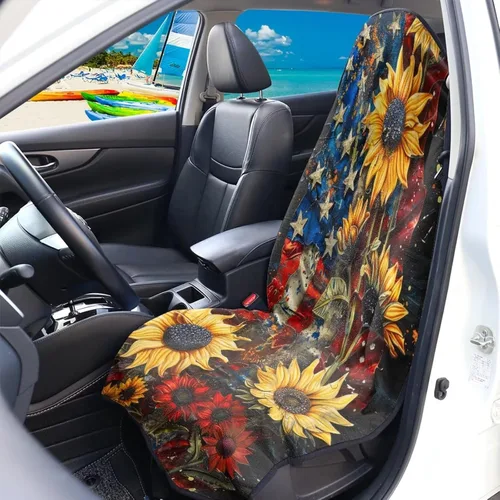 Miniatura 3 de Fundas de Asiento de Coche con Diseño de Sudadera de Girasol y Bandera Estadounidense para Coche, Camión, SUVs, Protector de Asiento Impermeable